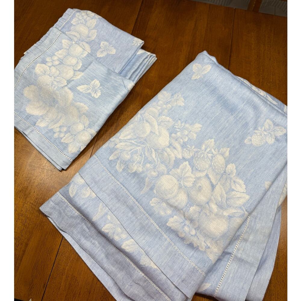 Williams Sonoma Blue Bell Spring Primavera Jacquard Tablecloth 5 Napkins Set